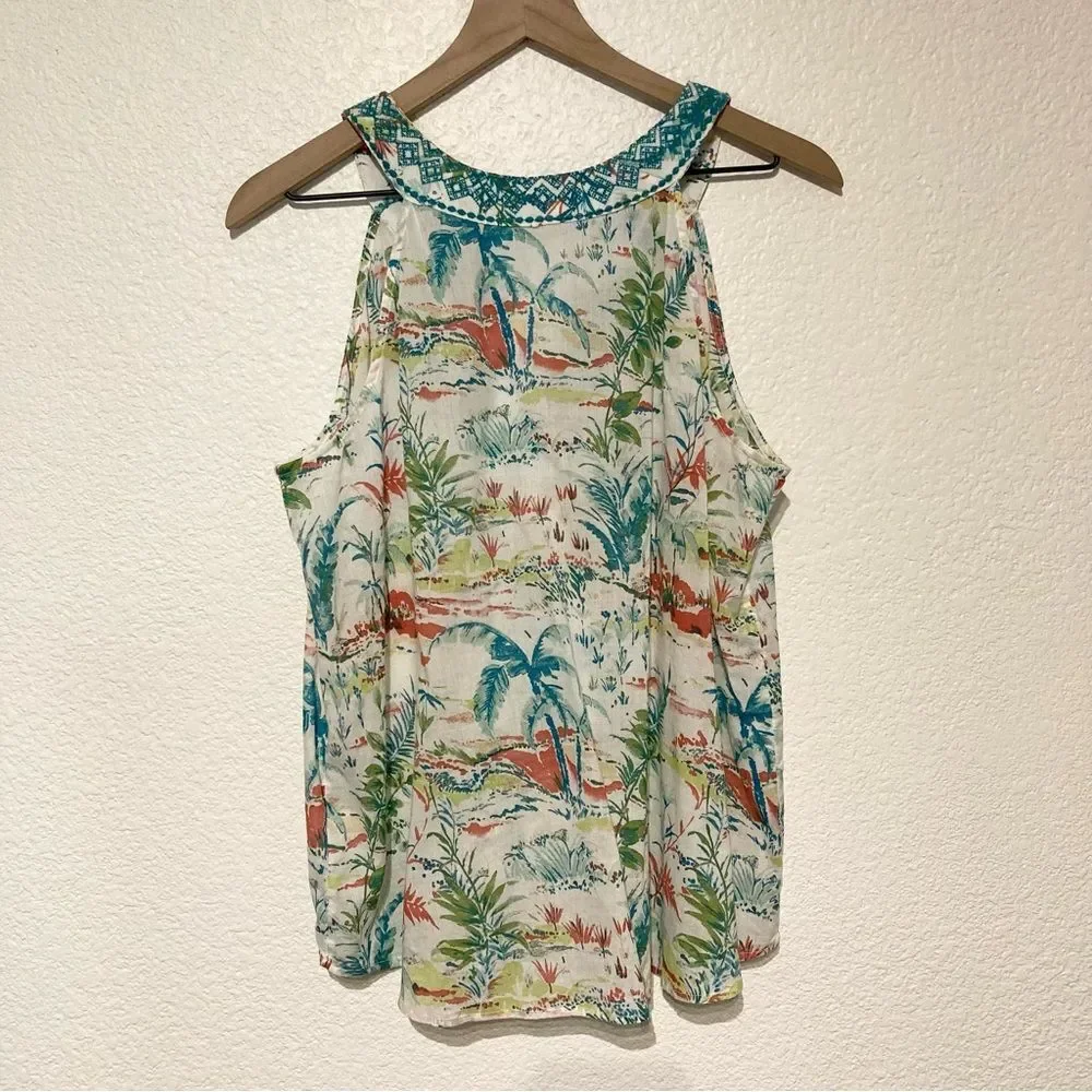 Sigrid Olsen Tropical Print Sleeveless Top Large Embroidered